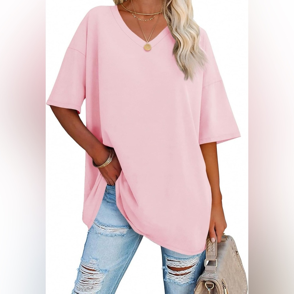 Ebifin Womens V Neck Oversized Tee, Casual Loose Fit Cotton Tunic Top, Pink -NWT
